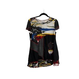 Emma G Abstract Art to Wear Patchwork Polka Dot Black Short Sleeve Top Womens S
